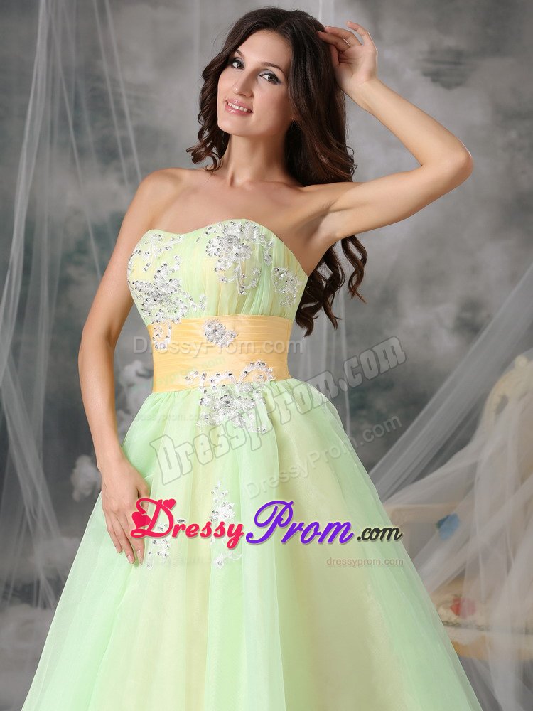 Sweetheart Appliques Prom Cocktail Dresses with Sash in Yellow Green