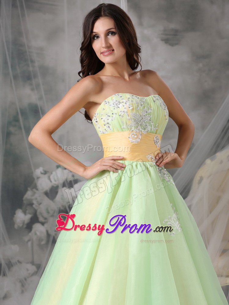 Sweetheart Appliques Prom Cocktail Dresses with Sash in Yellow Green