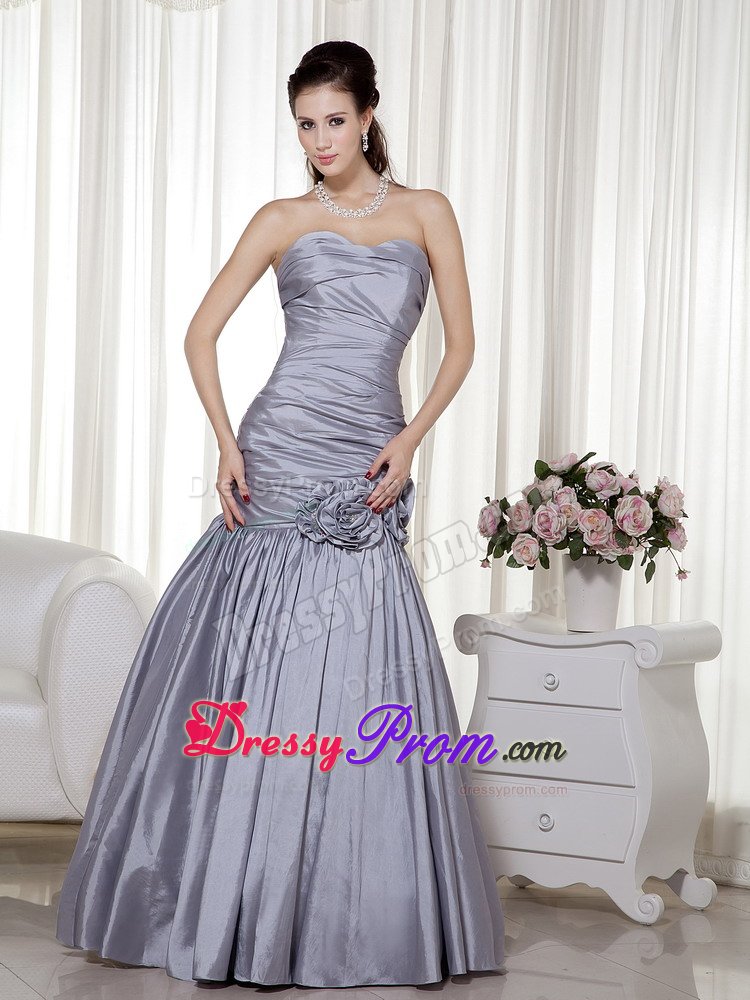 Taffeta Grey Ruches Prom Gowns Sweetheart with Hand Made Flowers