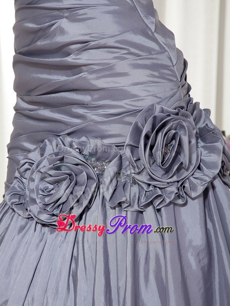 Taffeta Grey Ruches Prom Gowns Sweetheart with Hand Made Flowers