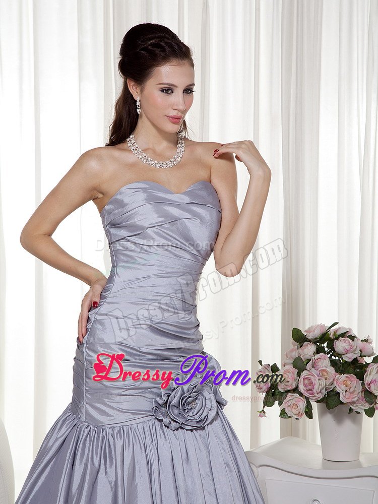 Taffeta Grey Ruches Prom Gowns Sweetheart with Hand Made Flowers