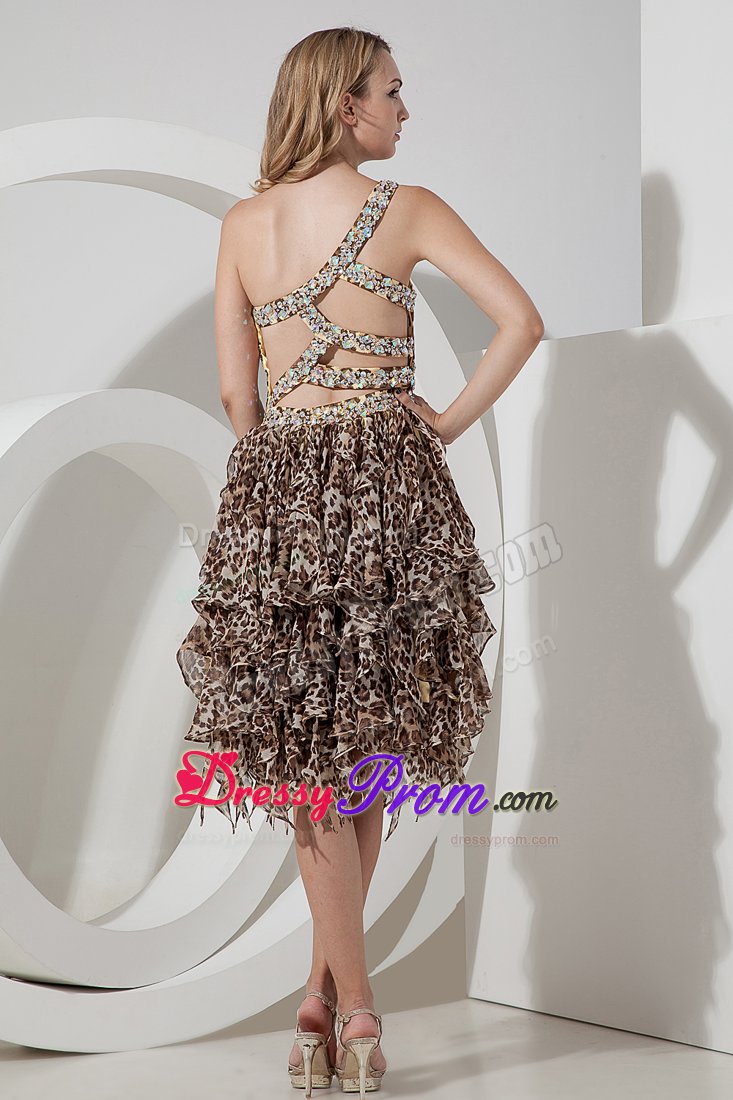 Leopard Beaded Prom Homecoming Dresses Single Shoulder High-low