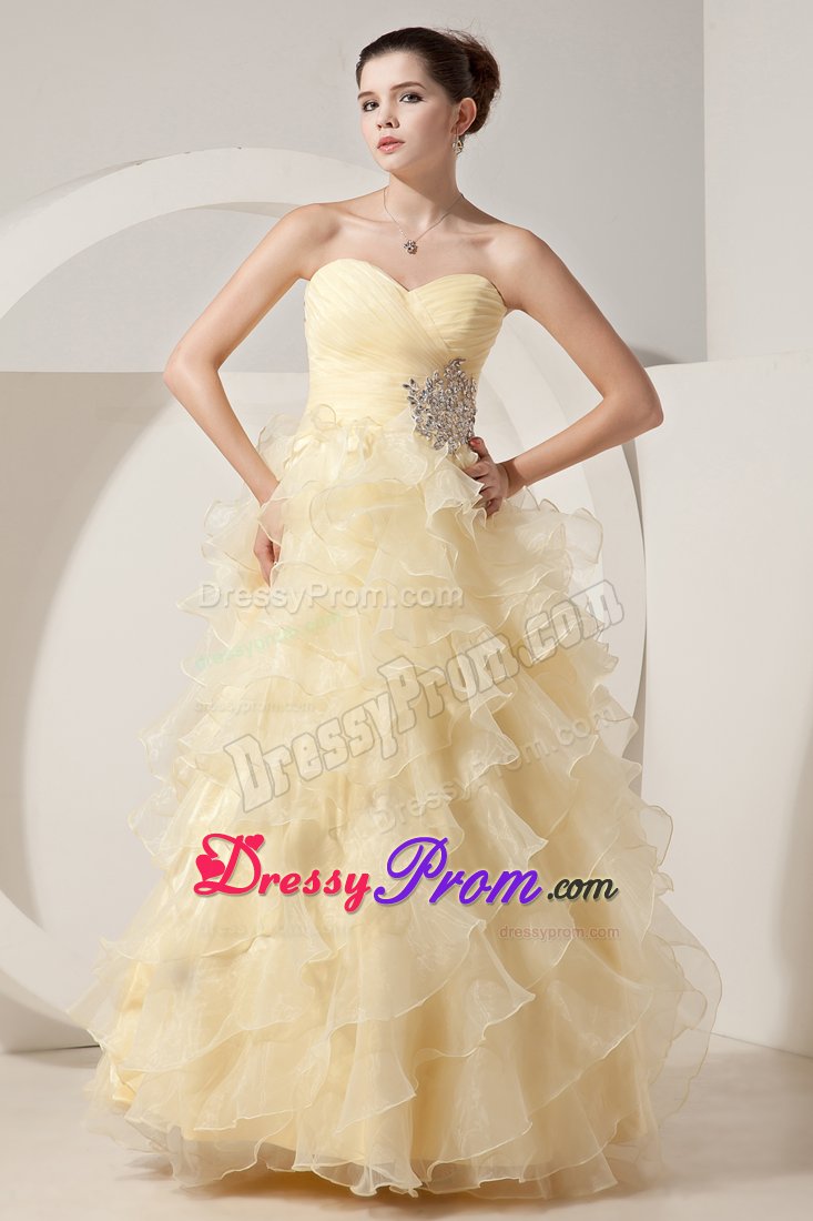 Ruched Bodice Prom Gown Dresses Beading Ruffled Layers Floor-length