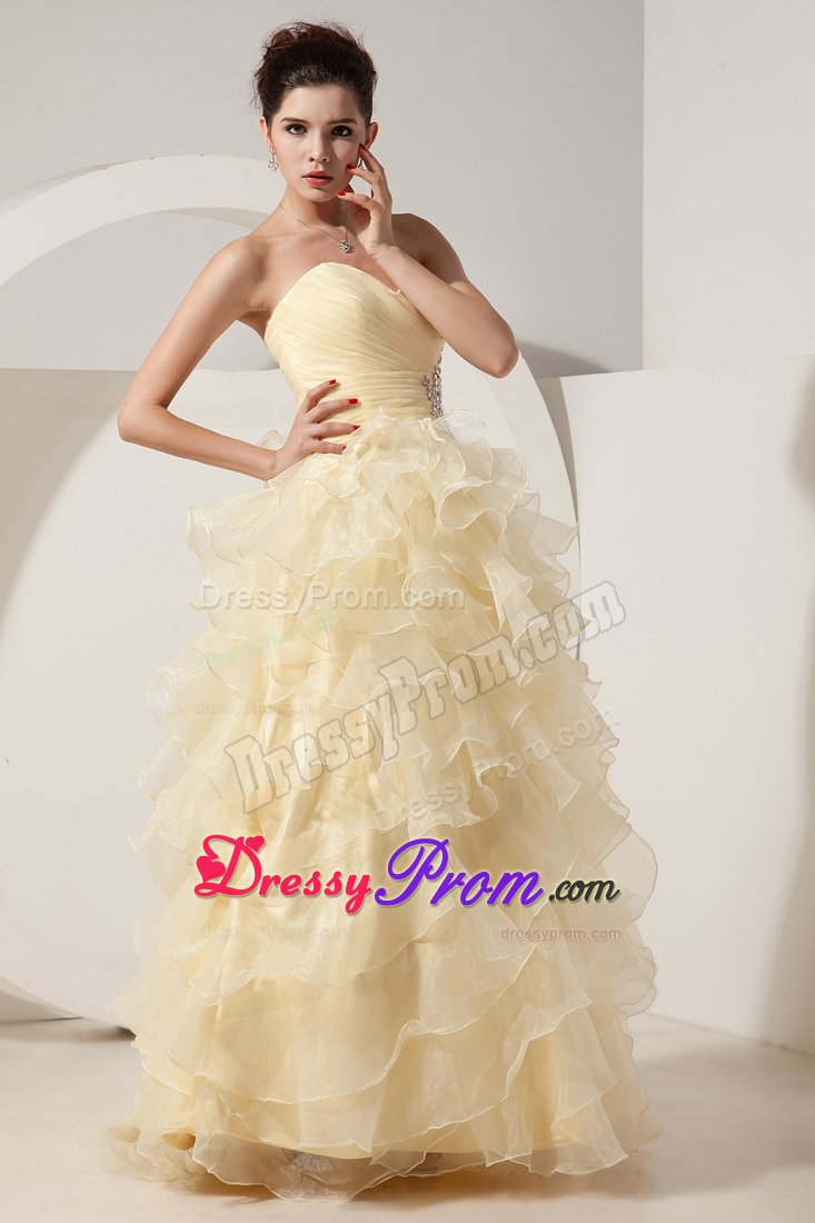 Ruched Bodice Prom Gown Dresses Beading Ruffled Layers Floor-length