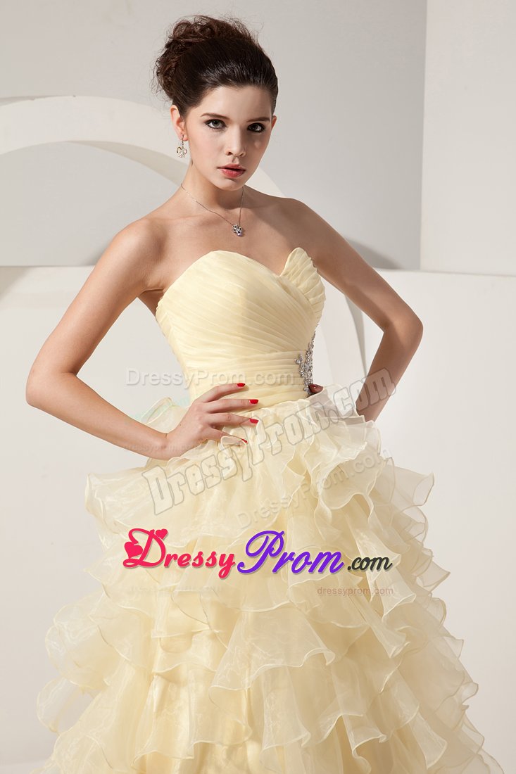 Ruched Bodice Prom Gown Dresses Beading Ruffled Layers Floor-length