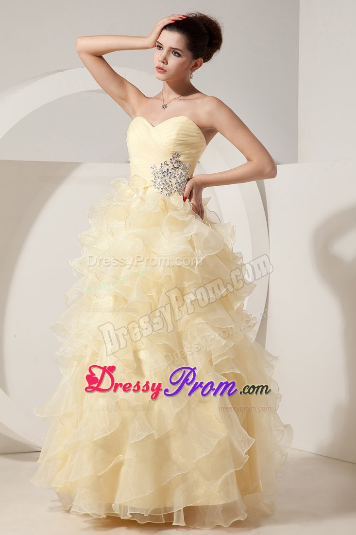 Ruched Bodice Prom Gown Dresses Beading Ruffled Layers Floor-length