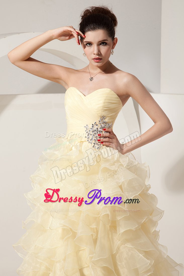 Ruched Bodice Prom Gown Dresses Beading Ruffled Layers Floor-length