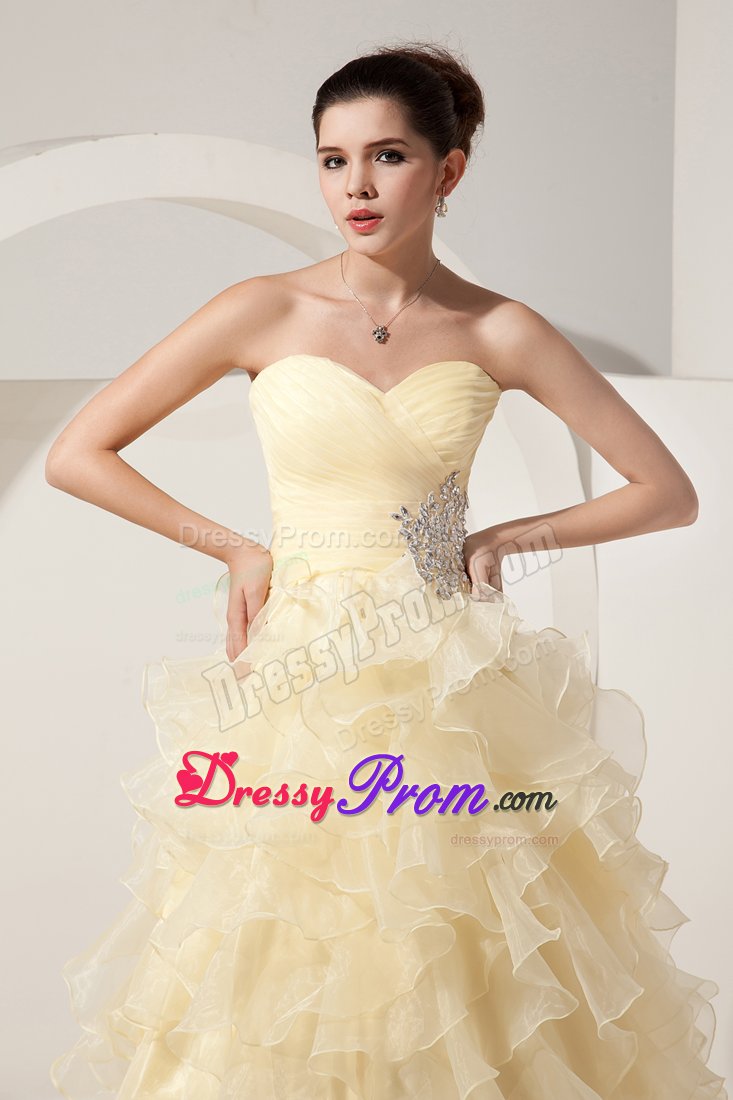 Ruched Bodice Prom Gown Dresses Beading Ruffled Layers Floor-length