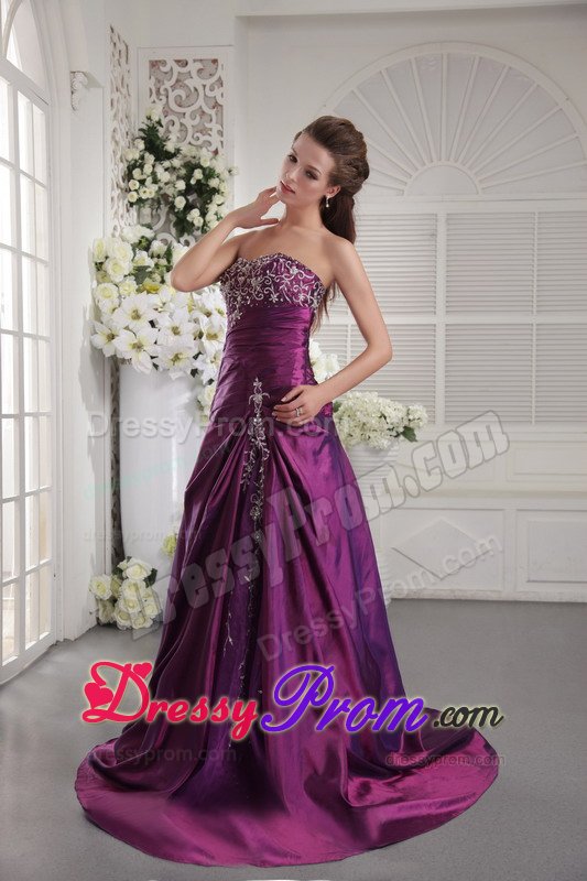 New Ruches Appliques Prom Graduation Dresses Strapless Sweep Train