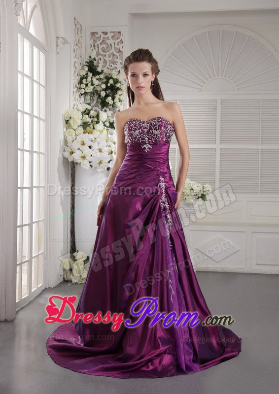 New Ruches Appliques Prom Graduation Dresses Strapless Sweep Train