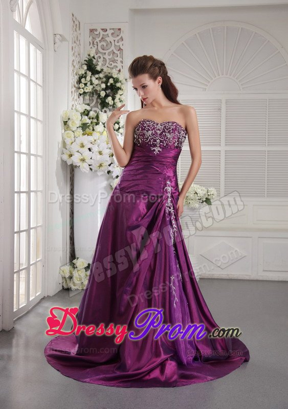 New Ruches Appliques Prom Graduation Dresses Strapless Sweep Train
