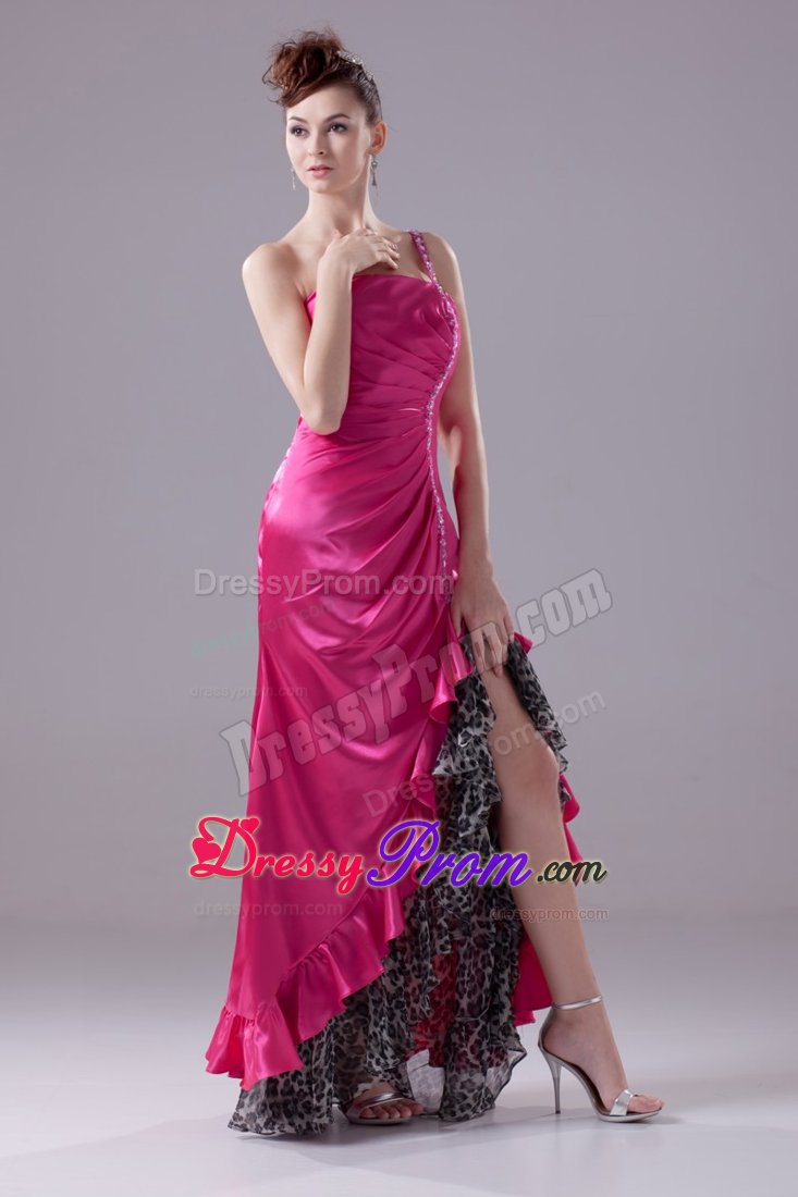 High-low one Shoulder Beaded Prom Gowns Leopard with the Back out