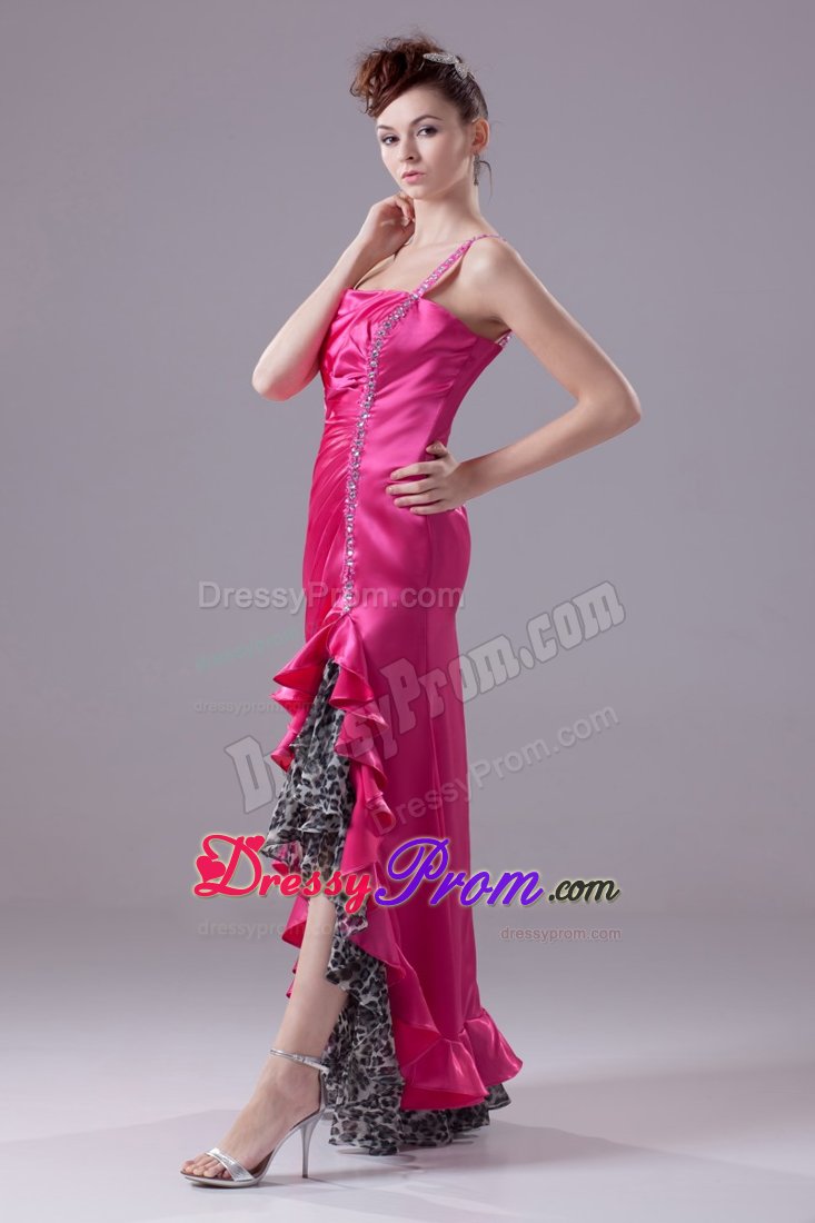 High-low one Shoulder Beaded Prom Gowns Leopard with the Back out