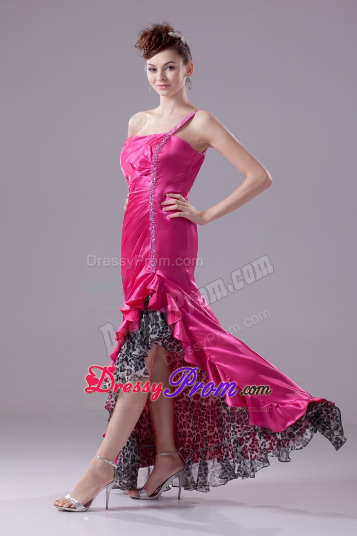 High-low one Shoulder Beaded Prom Gowns Leopard with the Back out