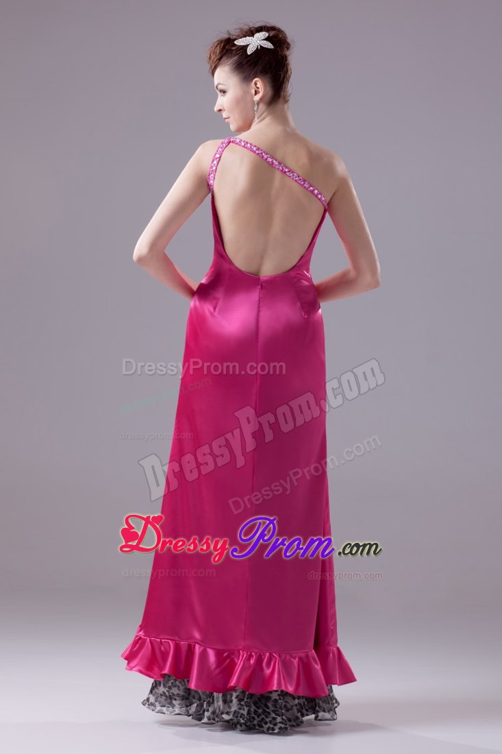 High-low one Shoulder Beaded Prom Gowns Leopard with the Back out