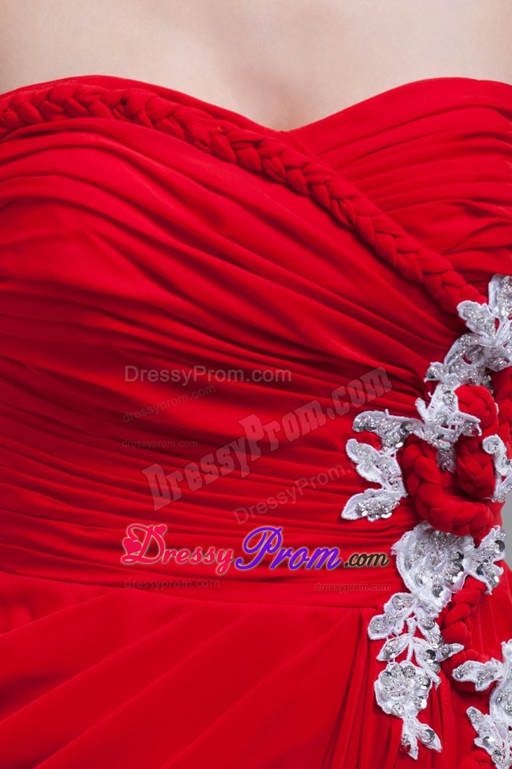 Red Floor-length Prom Party Dresses Ruches And Appliques Side Zipper