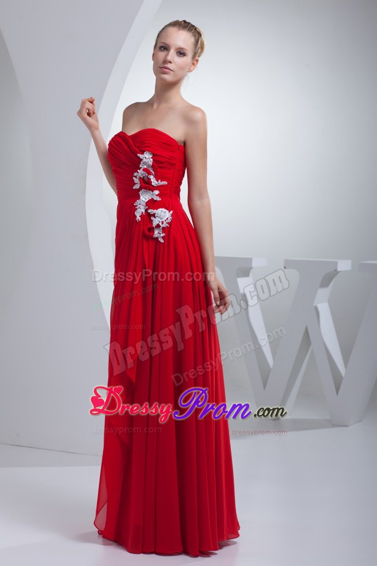 Red Floor-length Prom Party Dresses Ruches And Appliques Side Zipper
