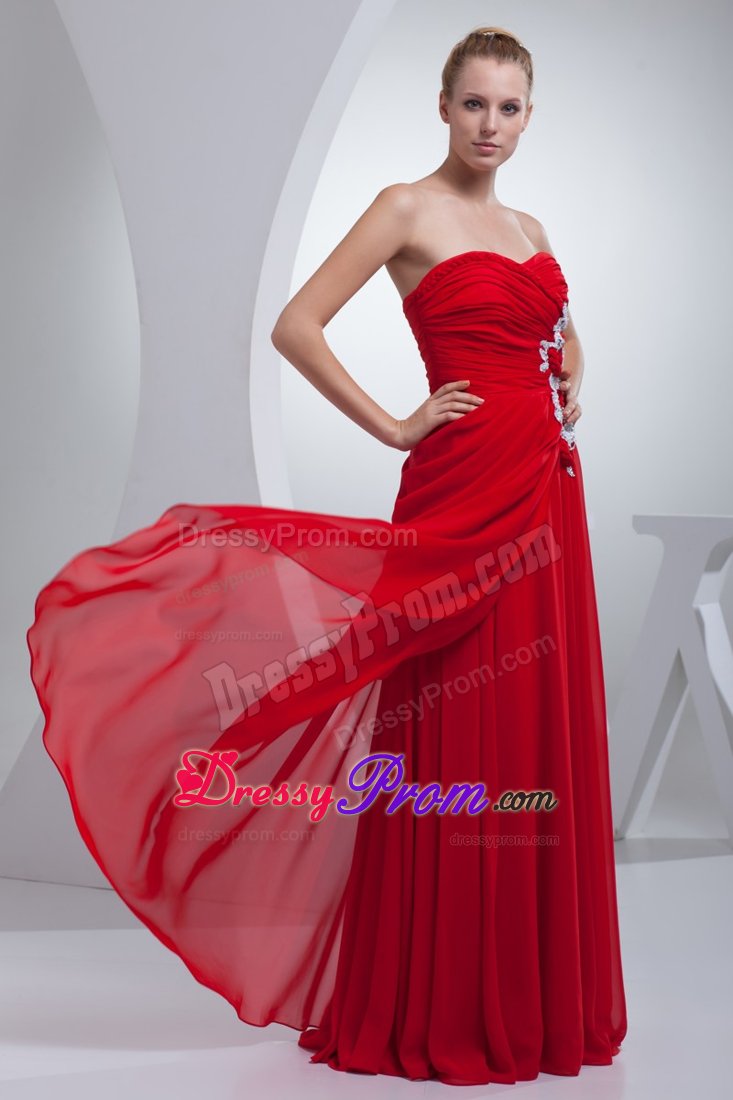 Red Floor-length Prom Party Dresses Ruches And Appliques Side Zipper