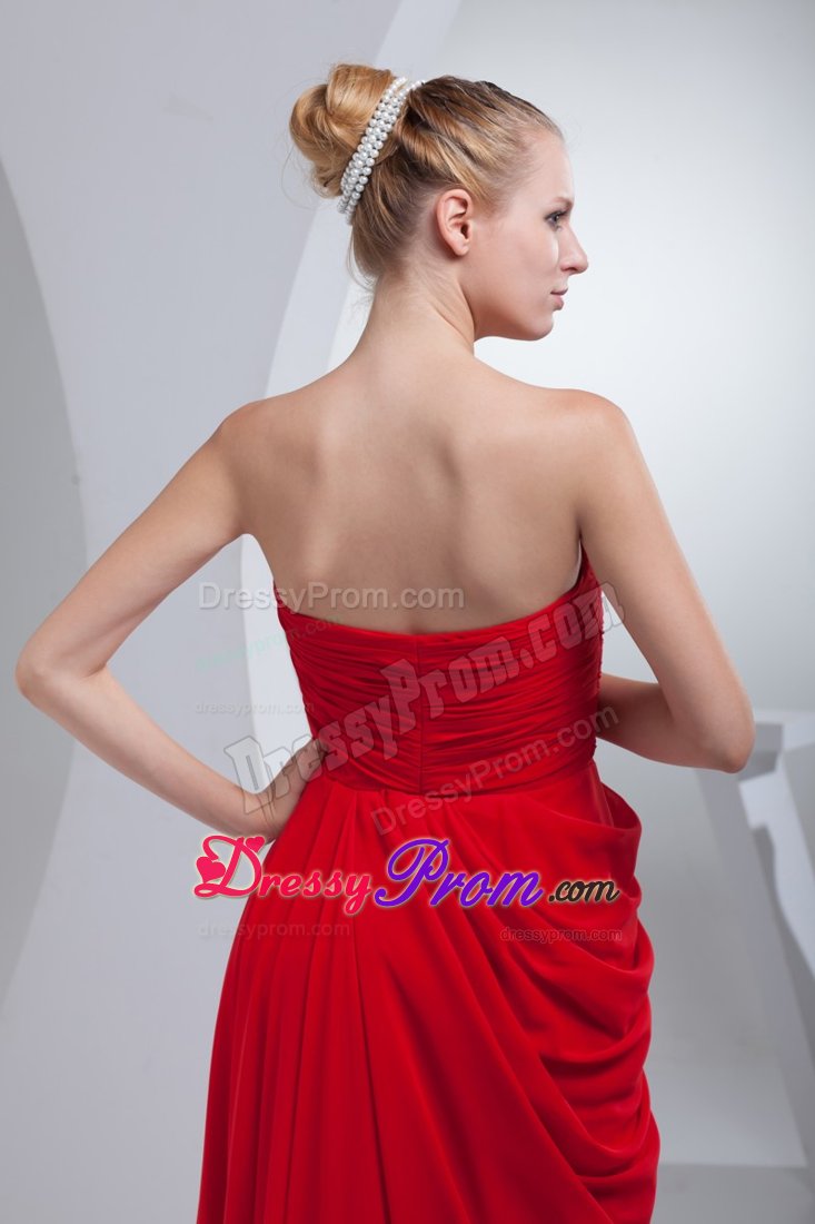 Red Floor-length Prom Party Dresses Ruches And Appliques Side Zipper