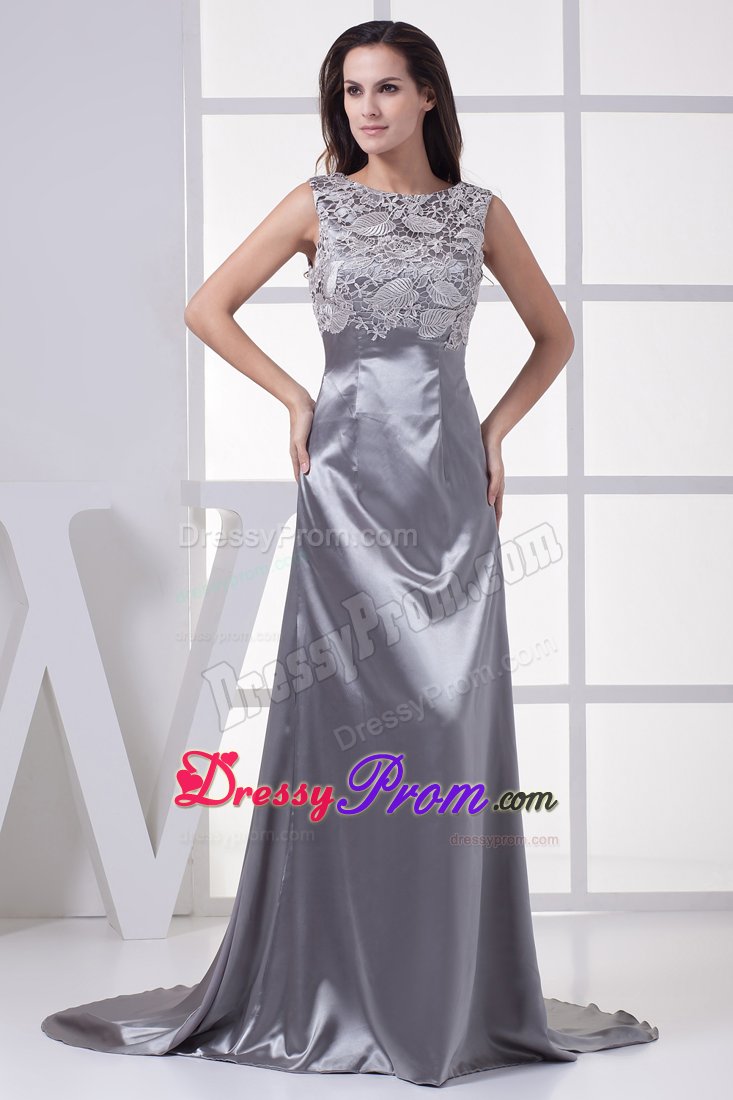 Recommended Satin Scoop Prom Celebrity Dresses Sweep Train in Grey