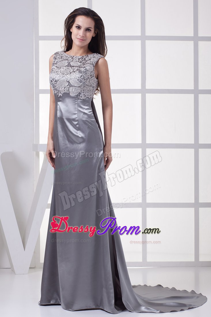 Recommended Satin Scoop Prom Celebrity Dresses Sweep Train in Grey