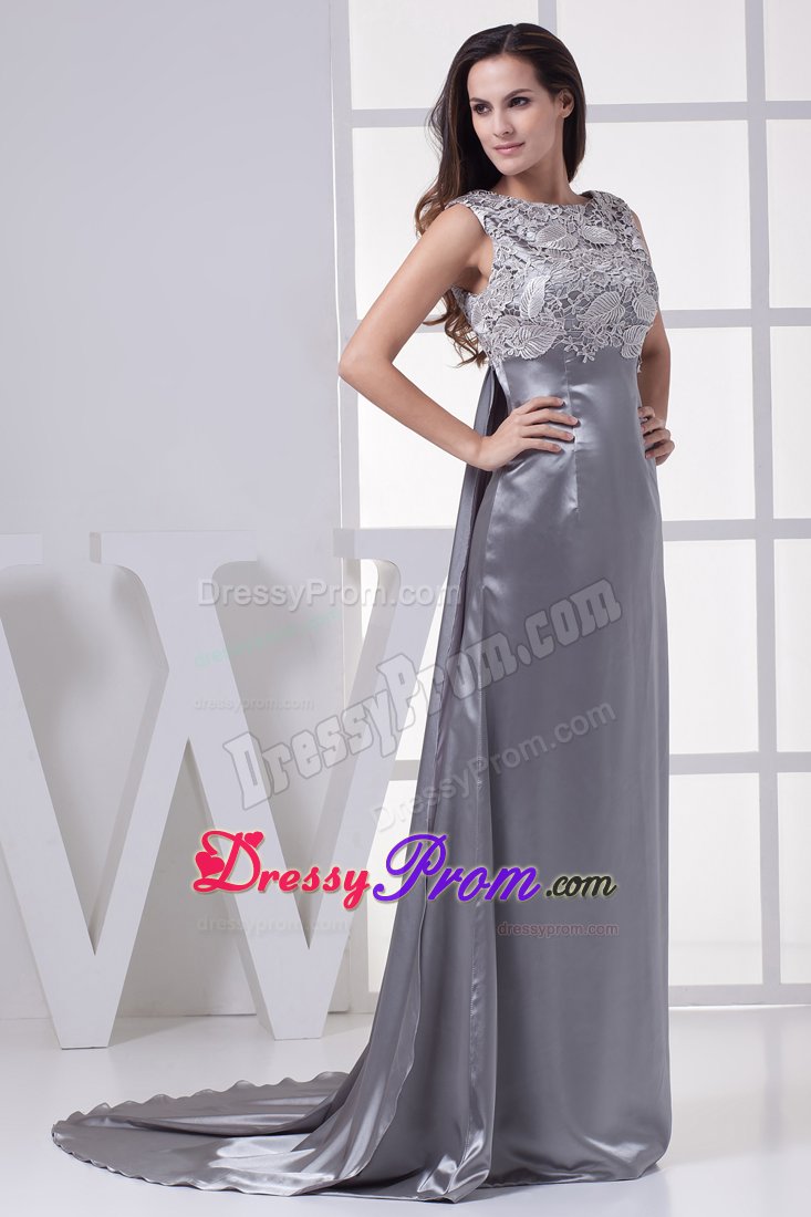 Recommended Satin Scoop Prom Celebrity Dresses Sweep Train in Grey