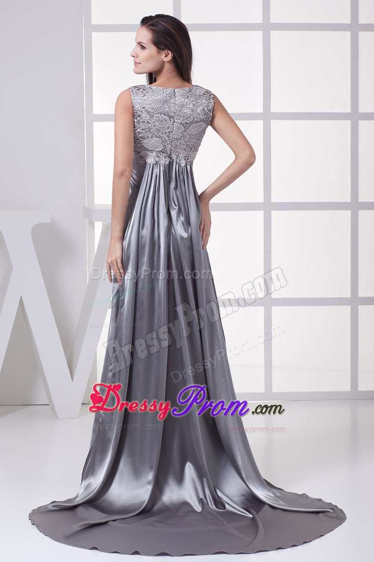 Recommended Satin Scoop Prom Celebrity Dresses Sweep Train in Grey
