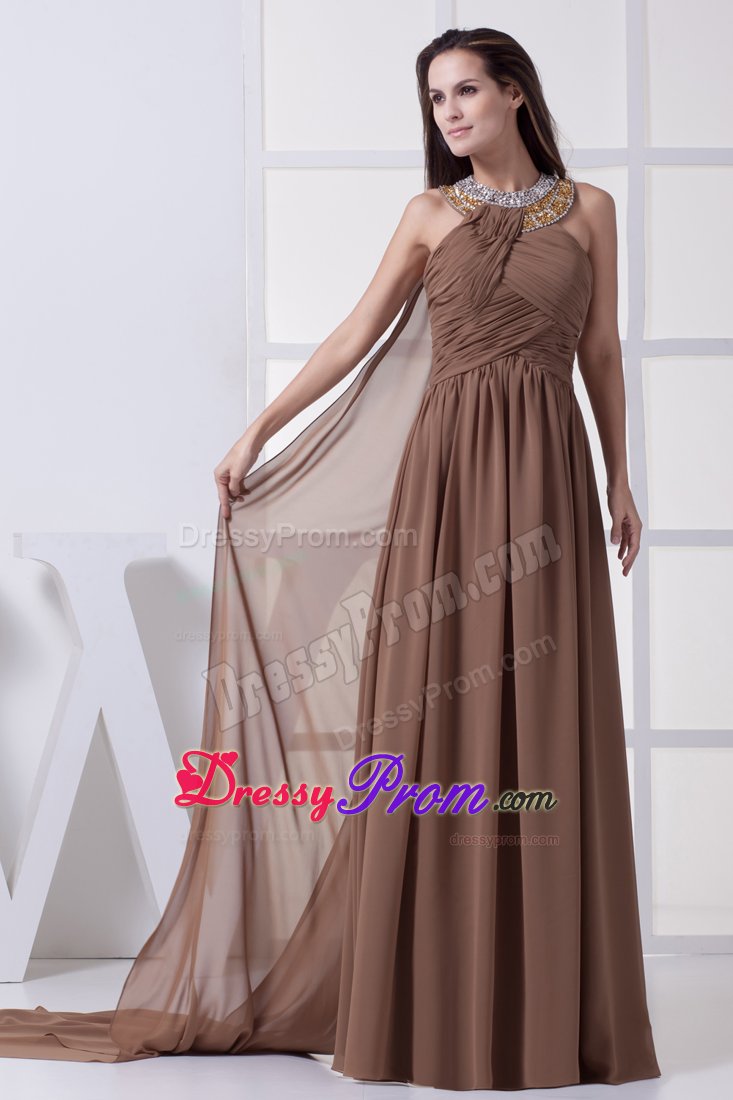 Brown Chiffon Halter Beaded Prom Gown Dresses Ruches Watteau Train