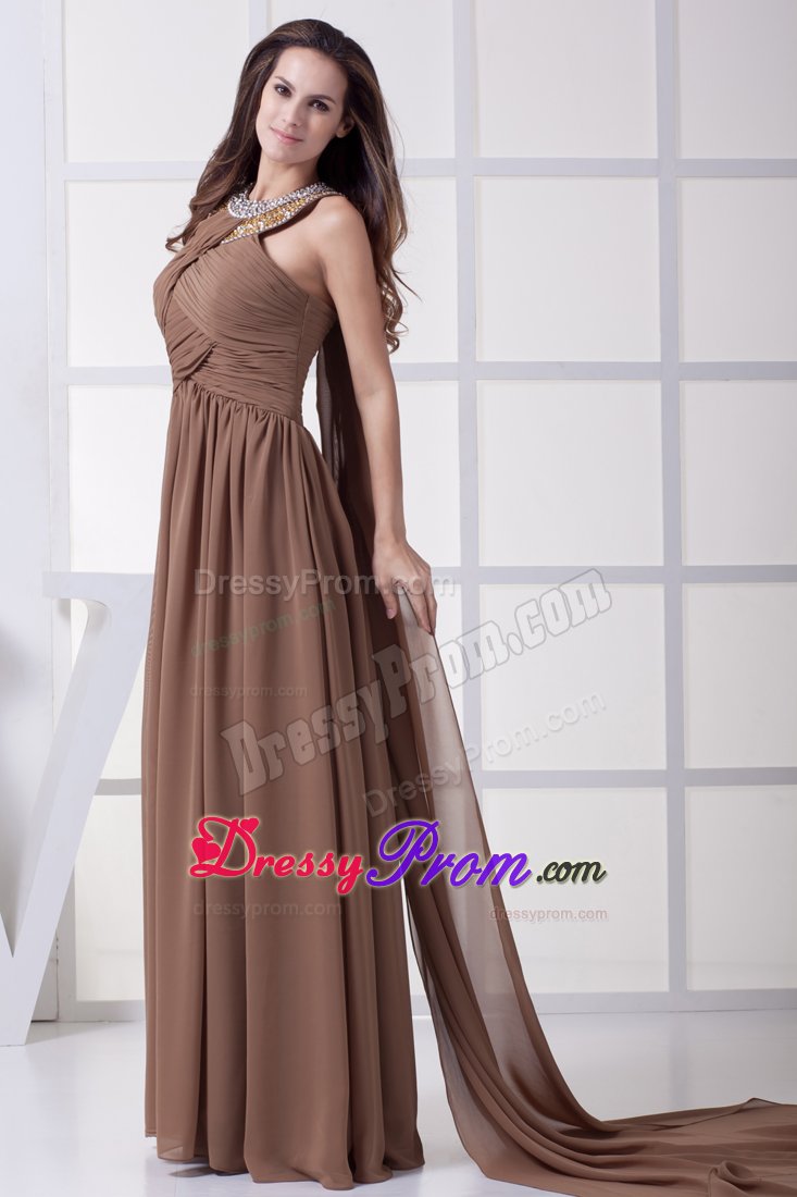 Brown Chiffon Halter Beaded Prom Gown Dresses Ruches Watteau Train