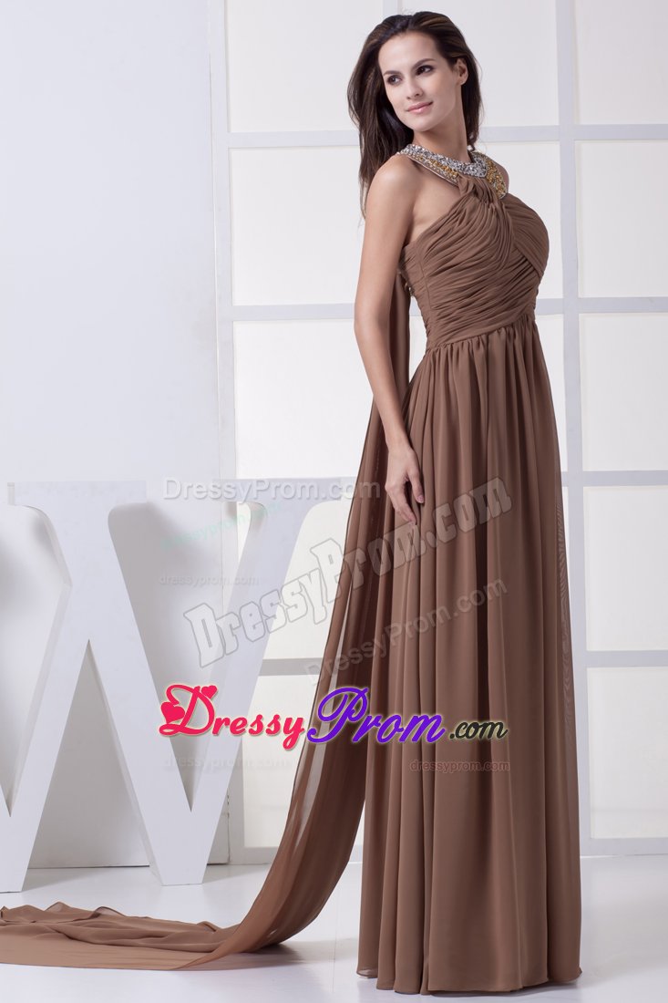 Brown Chiffon Halter Beaded Prom Gown Dresses Ruches Watteau Train