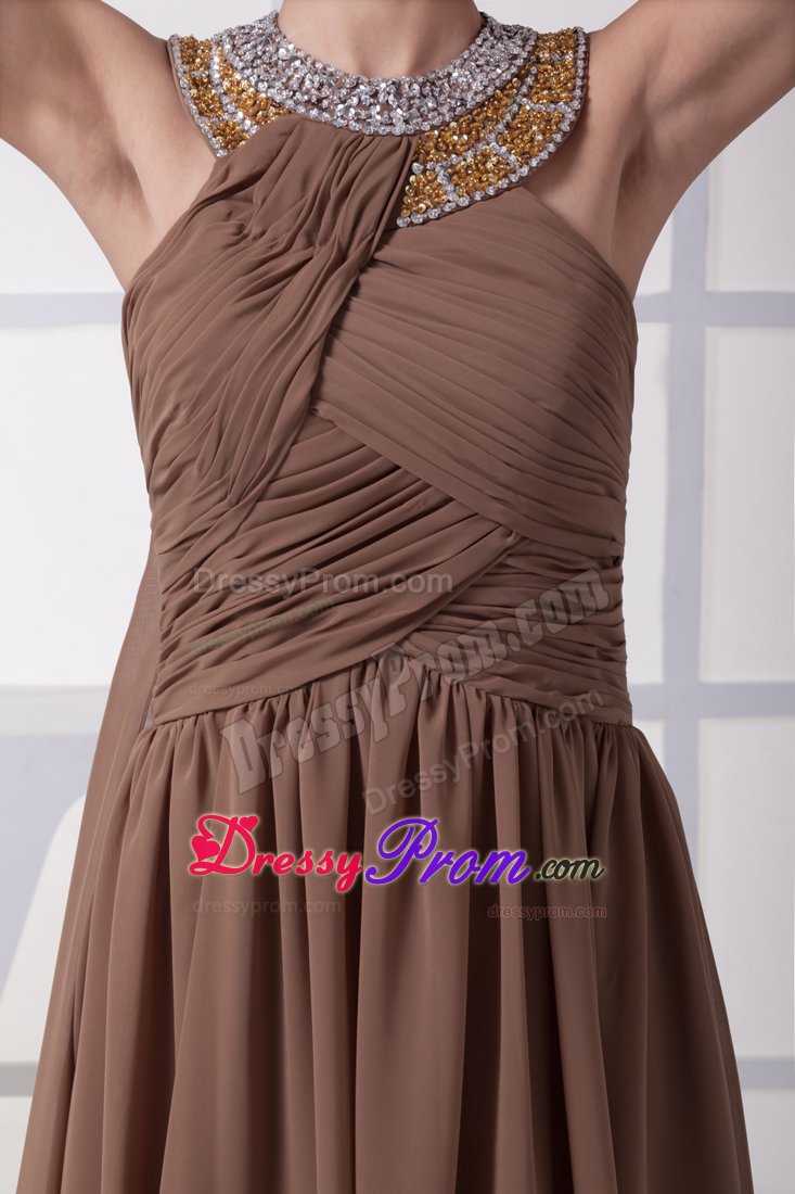 Brown Chiffon Halter Beaded Prom Gown Dresses Ruches Watteau Train
