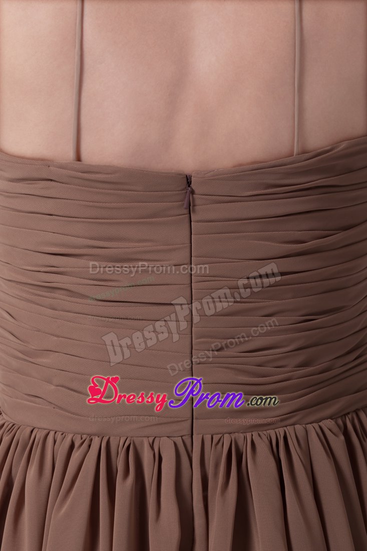Brown Chiffon Halter Beaded Prom Gown Dresses Ruches Watteau Train