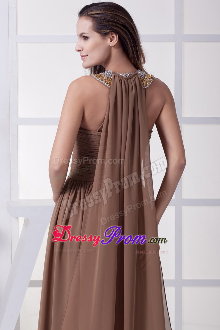 Brown Chiffon Halter Beaded Prom Gown Dresses Ruches Watteau Train