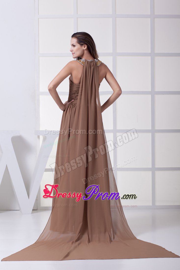 Brown Chiffon Halter Beaded Prom Gown Dresses Ruches Watteau Train