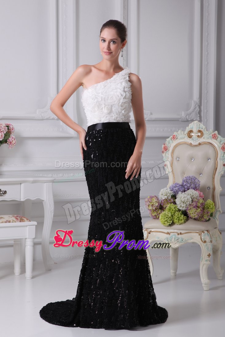 Black And White one Shoulder Prom Dress with Special Embossed Fabric