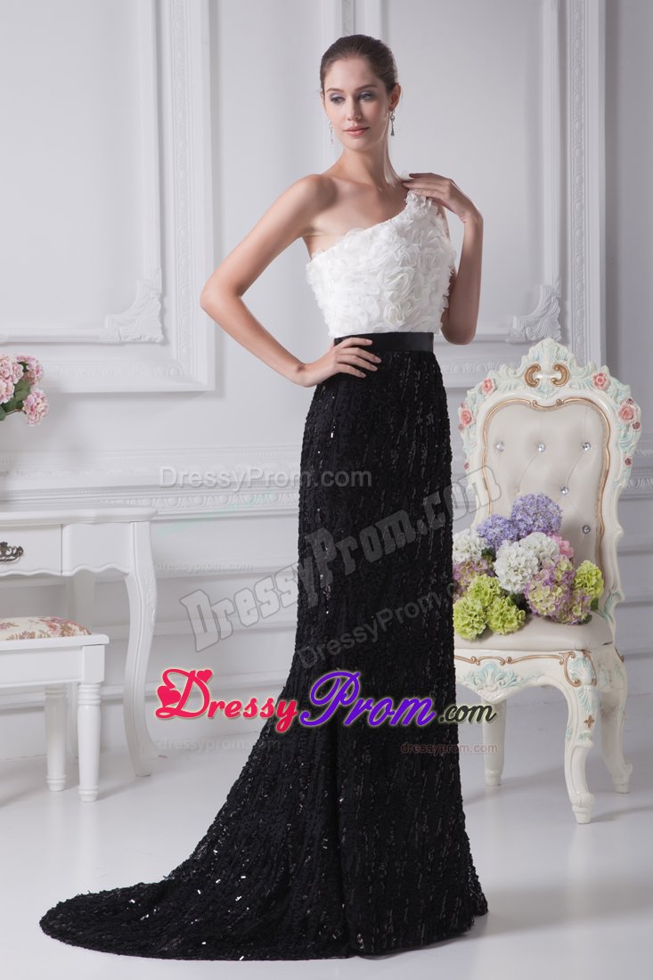 Black And White one Shoulder Prom Dress with Special Embossed Fabric