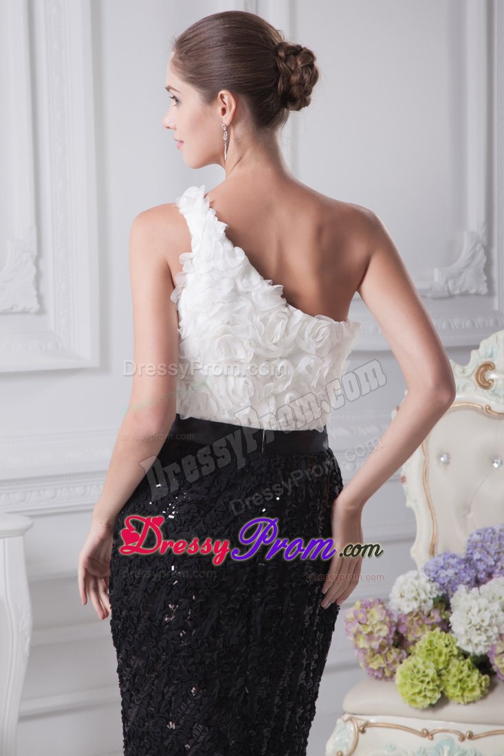 Black And White one Shoulder Prom Dress with Special Embossed Fabric