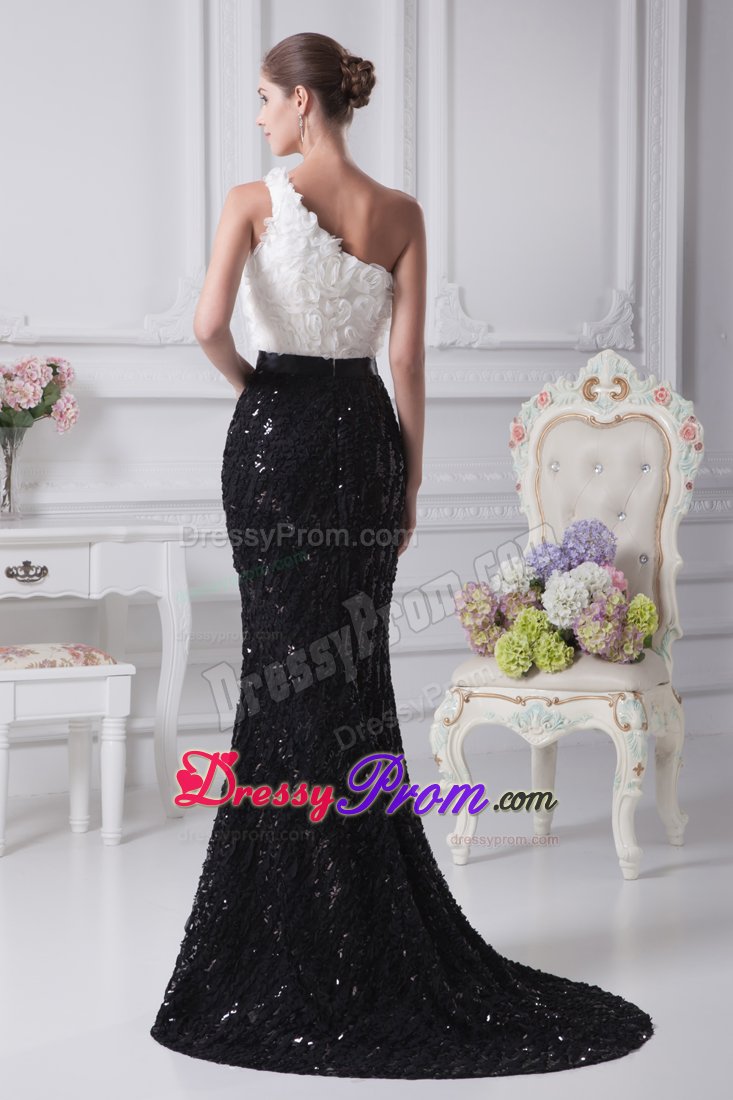 Black And White one Shoulder Prom Dress with Special Embossed Fabric