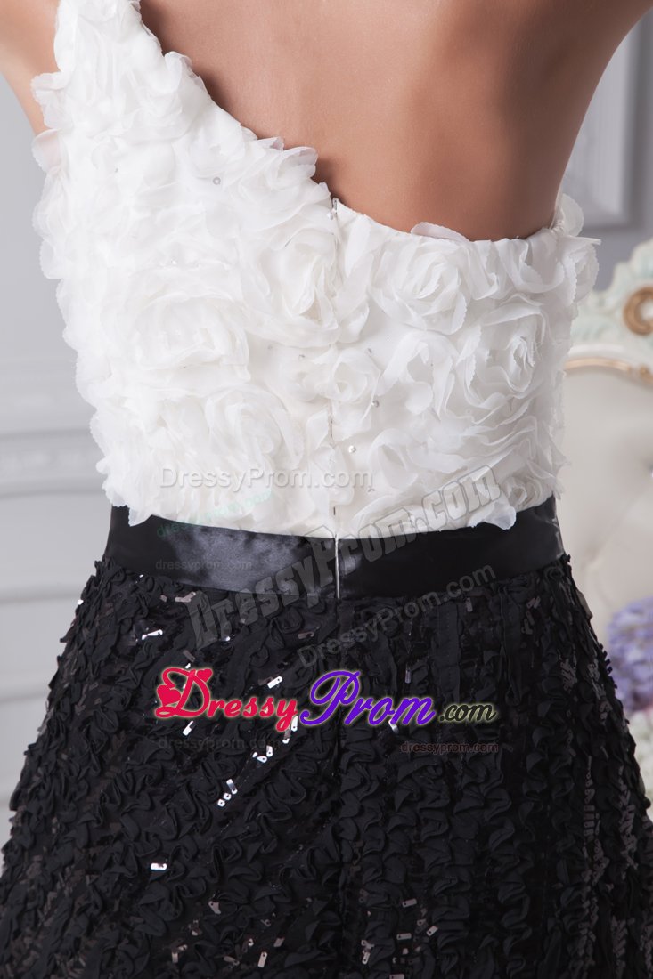Black And White one Shoulder Prom Dress with Special Embossed Fabric