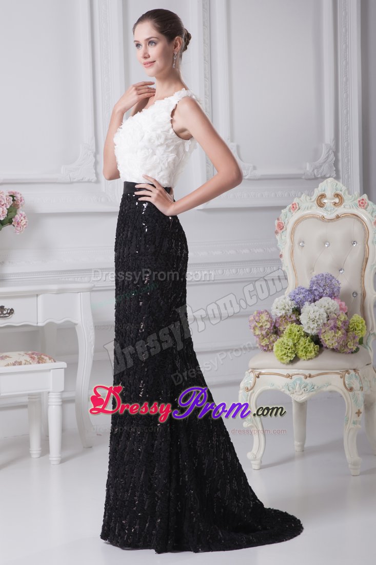 Black And White one Shoulder Prom Dress with Special Embossed Fabric