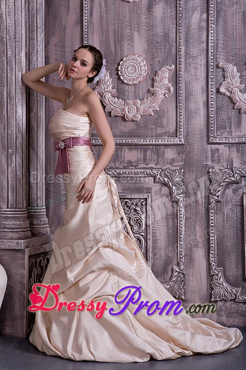 Champagne Brush Train Prom Gown Dress with Beaded Belt To Londrina