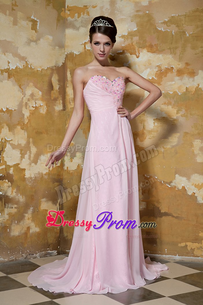 Gorgeous Pink Strapless Prom Gowns Sweetheart Beading Sweep Train