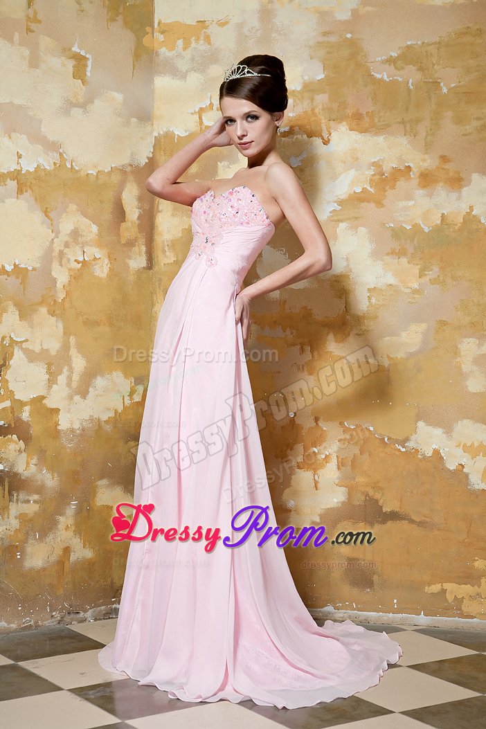 Gorgeous Pink Strapless Prom Gowns Sweetheart Beading Sweep Train