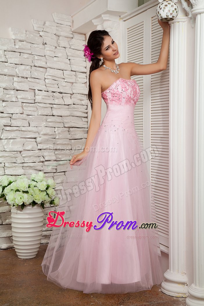 Baby Pink Tulle Prom Dress with Beading Floor-length in Ribeirao Preto