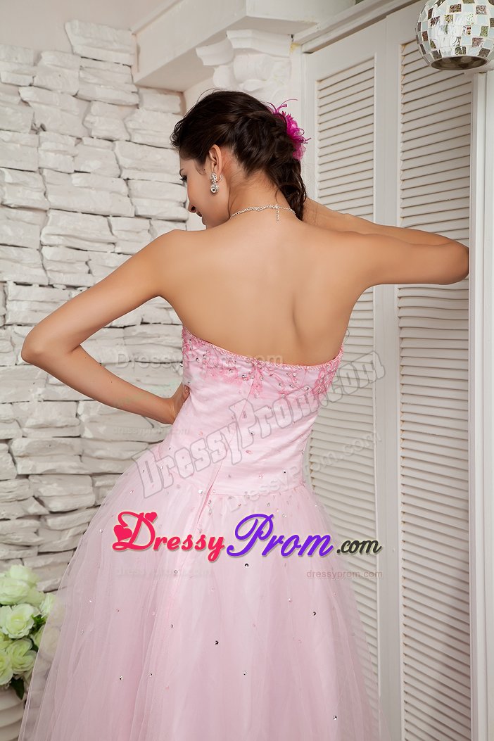 Baby Pink Tulle Prom Dress with Beading Floor-length in Ribeirao Preto