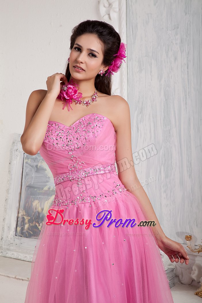 Pretty Sweetheart Beaded Prom Gowns Tulle Floor-length Lace up Back