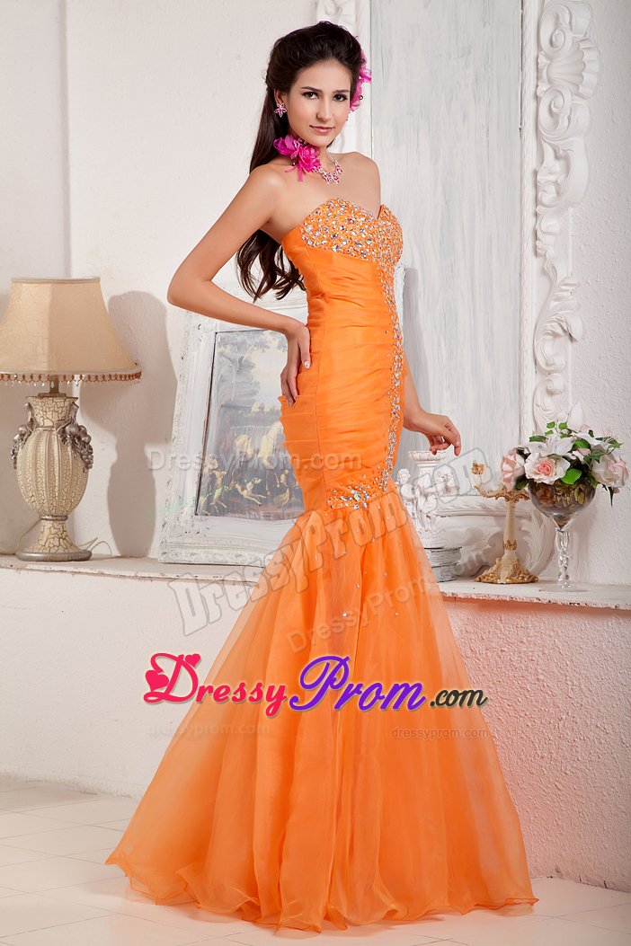 Eye Catching Beaded Sweetheart Orange Dress for Prom Queen