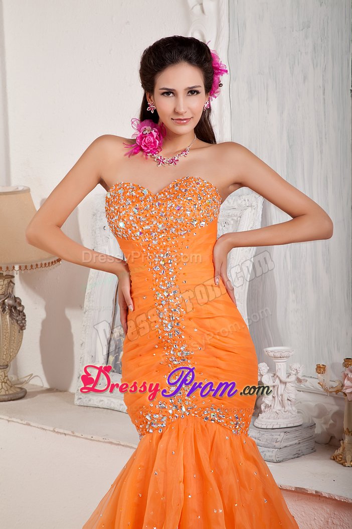 Eye Catching Beaded Sweetheart Orange Dress for Prom Queen