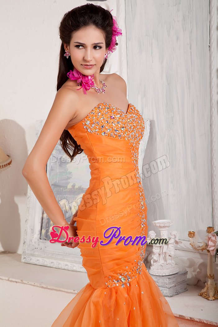 Eye Catching Beaded Sweetheart Orange Dress for Prom Queen