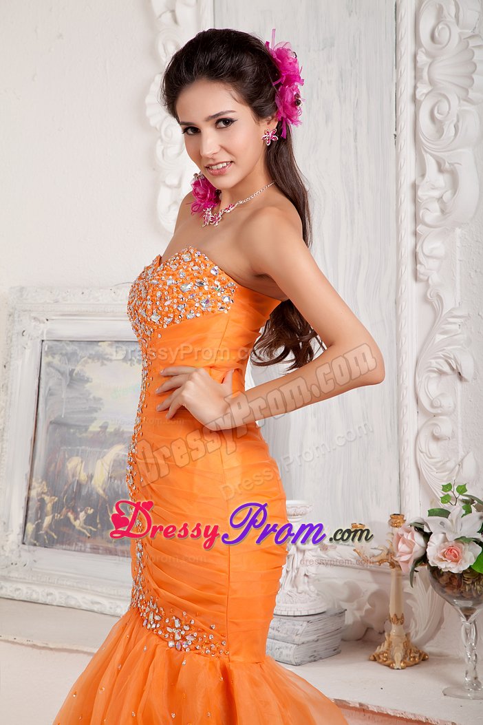 Eye Catching Beaded Sweetheart Orange Dress for Prom Queen